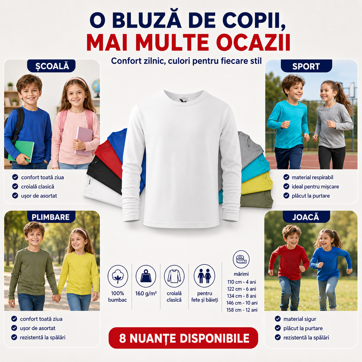Bluză copii cu m&acirc;necă lungă pentru școală, sport, plimbare și joacă, disponibilă &icirc;n 8 nuanțe